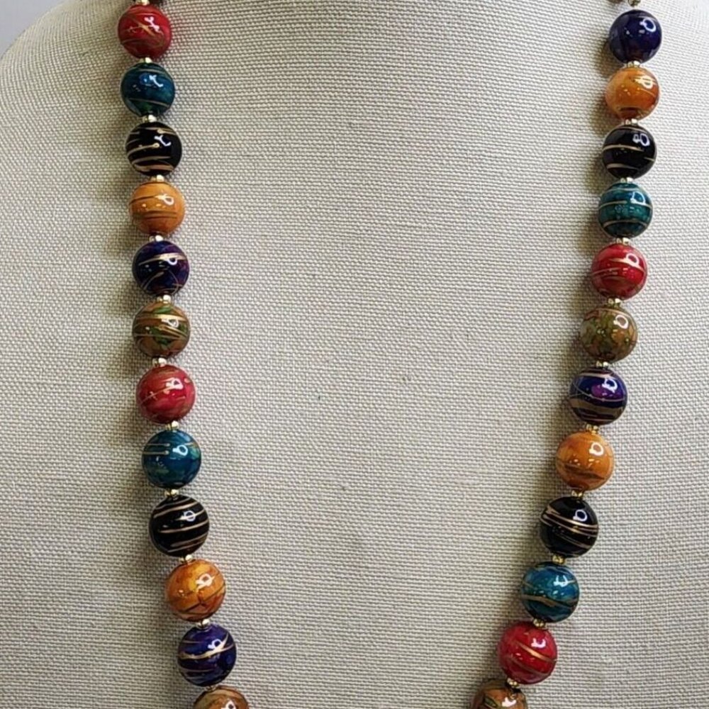 Vintage Multi Color Faux Painted Foiled Bead Necklace 30" Statement Necklace